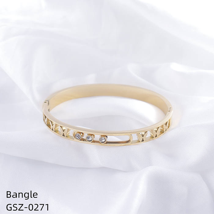 Retro Simple Style Geometric Butterfly Stainless Steel Plating Hollow Out Inlay Zircon Gold Plated Bangle