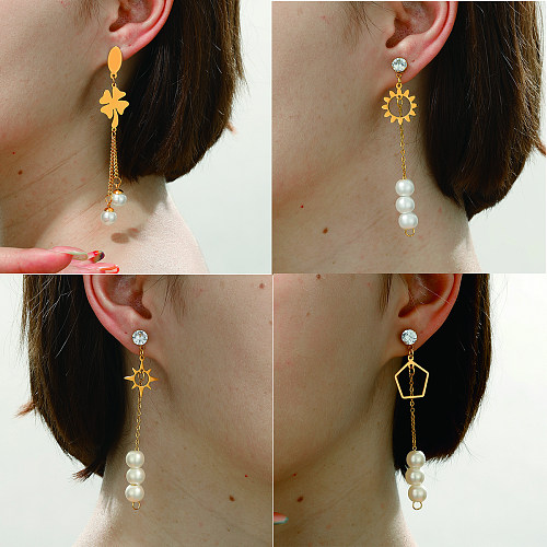 1 Pair Casual Simple Style Four Leaf Clover Sun Stainless Steel  Imitation Pearl Tassel Plating Inlay Zircon Gold Plated Drop Earrings