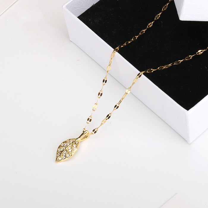 IG Style Simple Style Leaves Stainless Steel Plating Inlay Zircon Gold Plated Pendant Necklace