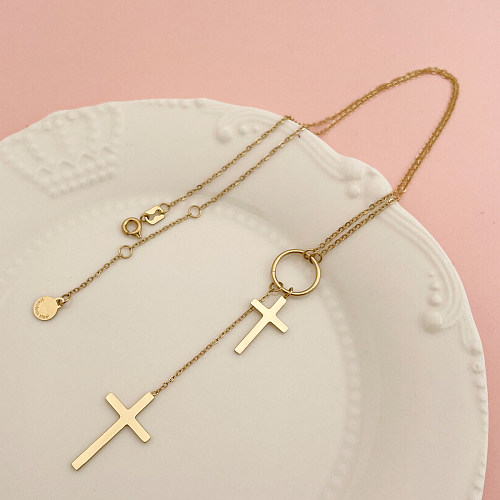 Elegante, süße, künstlerische Kreuz-Anhänger-Halskette aus Edelstahl mit polierter Quaste und vergoldetem Anhänger