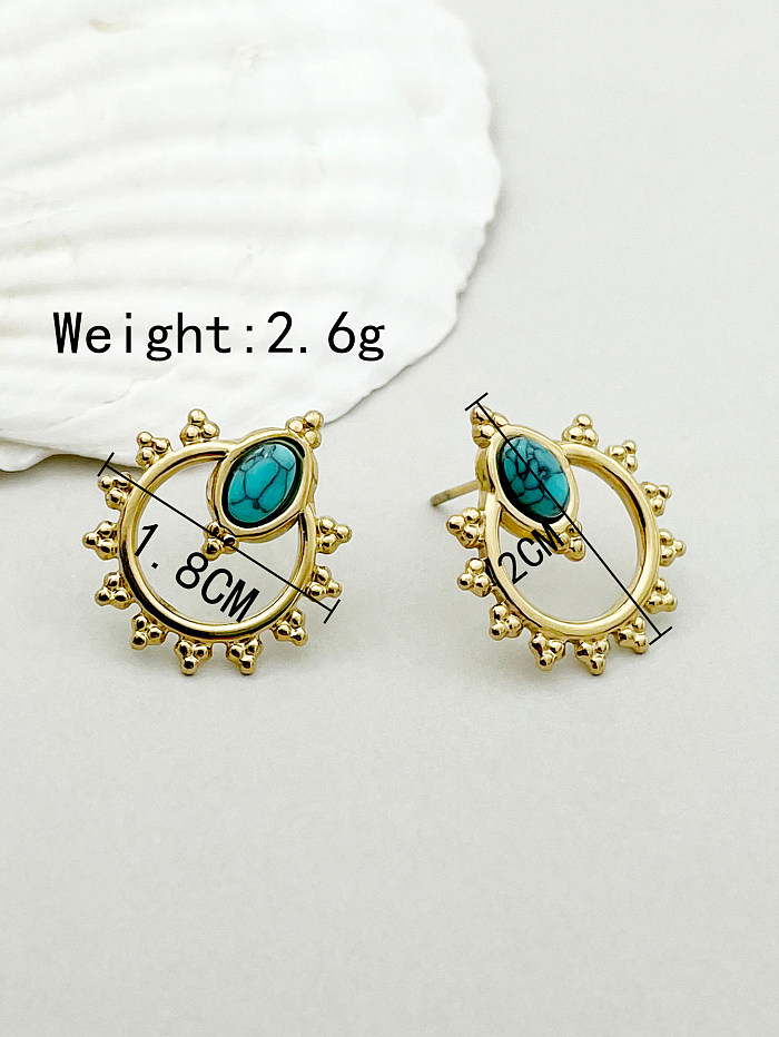 1 Pair Ethnic Style Round Stainless Steel  Inlay Turquoise 14K Gold Plated Ear Studs
