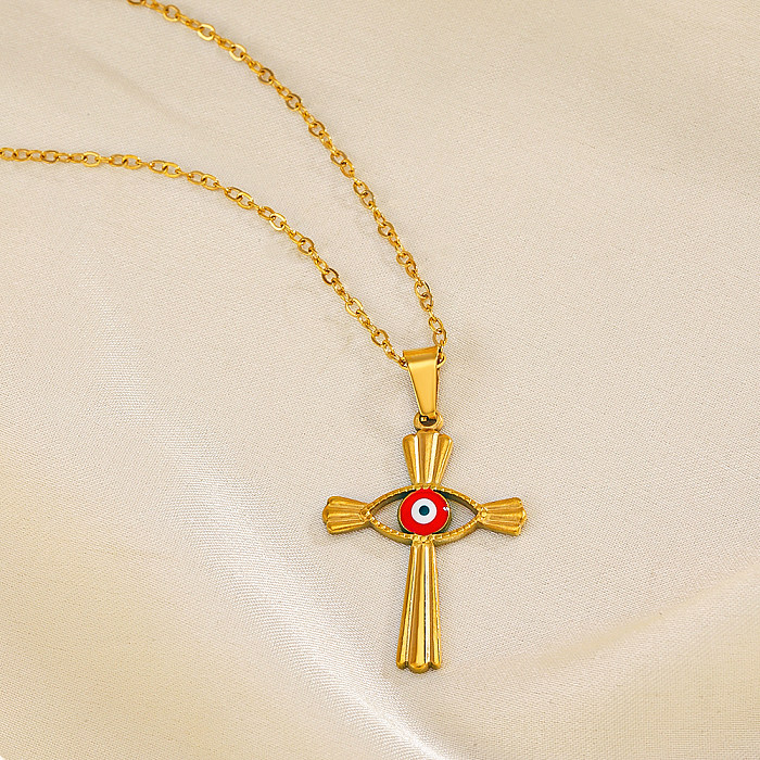 Streetwear Cross Devil'S Eye Stainless Steel  Enamel Plating 18K Gold Plated Necklace