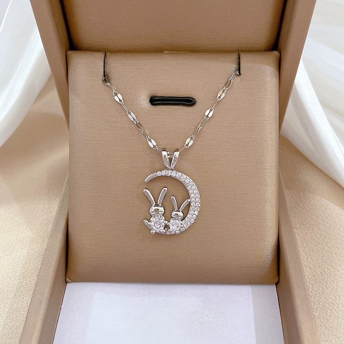 Cartoon Style Rabbit Moon Stainless Steel Copper Inlay Rhinestones Pendant Necklace