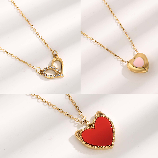 Elegant Glam Simple Style Heart Shape Stainless Steel Epoxy Plating Inlay Resin Zircon Gold Plated Pendant Necklace