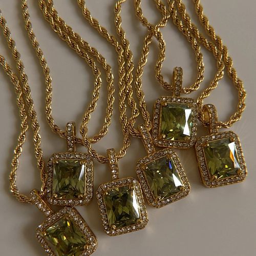 Retro Square Stainless Steel Zircon Pendant Necklace In Bulk