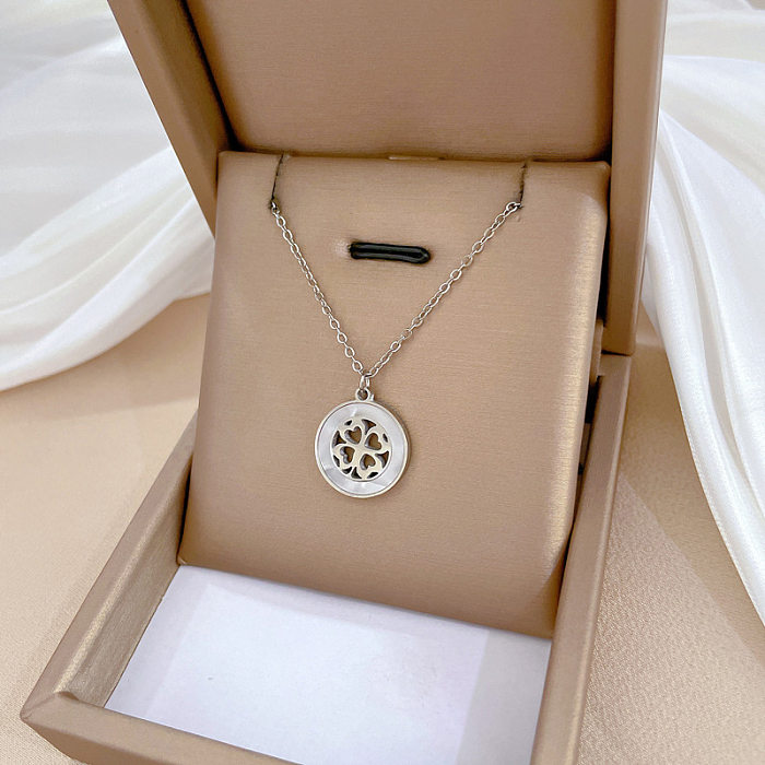 Simple Style Streetwear Round Stainless Steel Inlay Shell Pendant Necklace