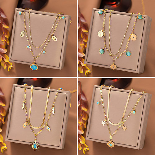 Elegant Eye Flower Lightning Stainless Steel Inlay Turquoise Opal Zircon Layered Necklaces