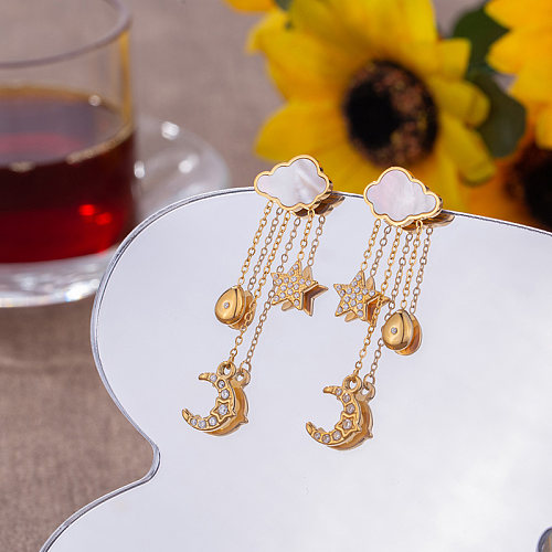 1 par de pendientes colgantes chapados en oro con diamantes de imitación de acero inoxidable con incrustaciones de nubes de estilo sencillo y bonito
