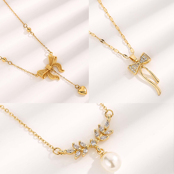 Cute Sweet Heart Shape Bow Knot Elk Stainless Steel Plating Inlay Resin Pearl Zircon Gold Plated Pendant Necklace