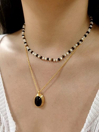 Wholesale Baroque Style Oval Stainless Steel  Beaded 18K Gold Plated Agate Necklace