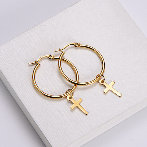 Wholesale Stainless Steel  Plating 18k Gold Ear Hoop Cross Earrings