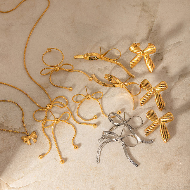 Women's Vintage Bow Design Stainless Steel Earrings Necklace Ring Butterfly Shape Pendant Jewelrt Set