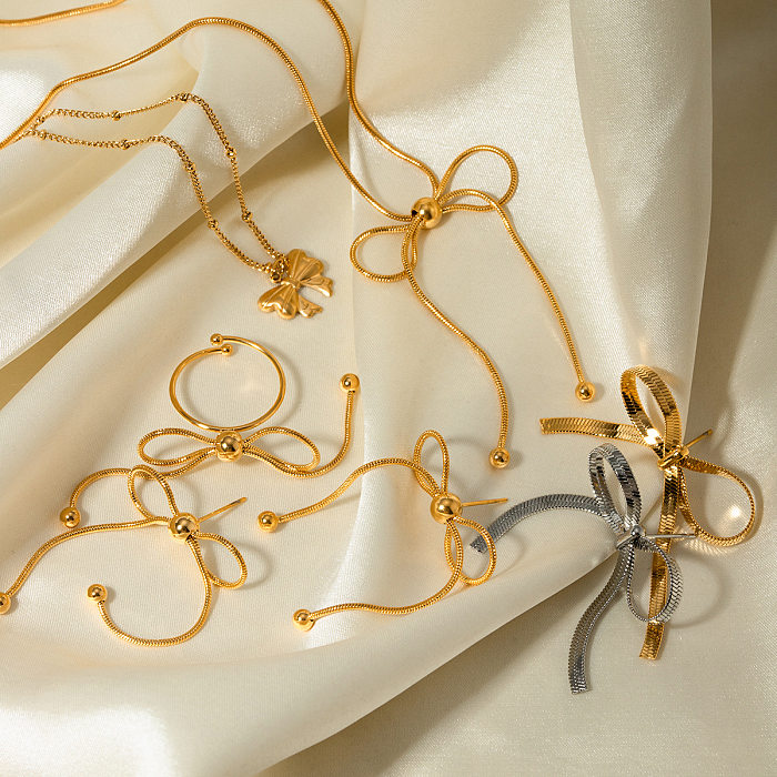 Damen-Ohrringe, Halskette, Ring, Schmetterlingsform, Anhänger, Schmuckset aus Edelstahl im Vintage-Stil mit Schleife