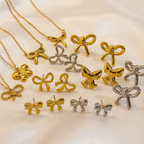 Bow Design Stainless Steel 14K Gold Earrings Necklace Sweet Trendy Women's jewelry Set