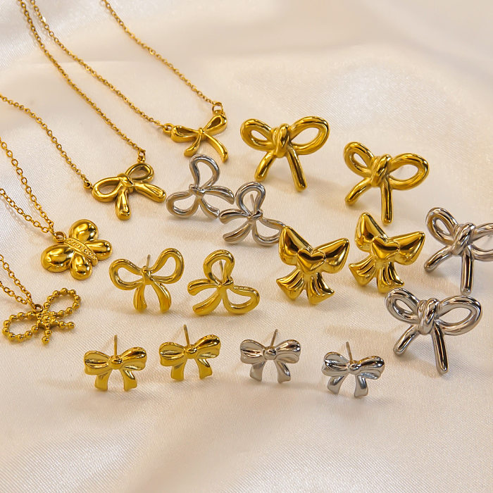 Ensemble de boucles d'oreilles et collier en acier inoxydable, Design nœud, or 14 carats, doux, tendance, ensemble de bijoux pour femmes