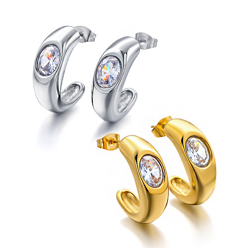 18K gold pvd plated C-shaped minimalist design minimalist and versatile with diamond inlaid zircon earrings