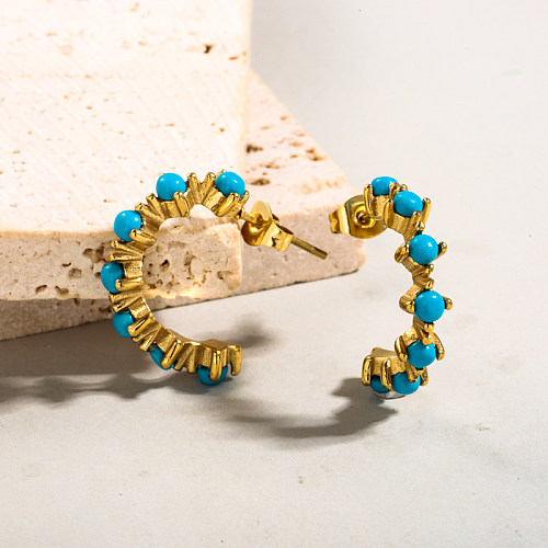 18K gold pvd plated blue turquoise C-shaped French vintage earings