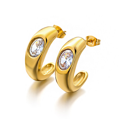 18K gold pvd plated C-shaped minimalist design minimalist and versatile with diamond inlaid zircon earrings