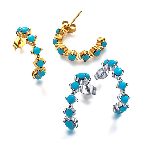 18K gold pvd plated blue turquoise C-shaped French vintage earings