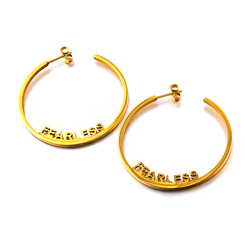 18K gold pvd circular geometric pattern FEARLESS letter versatile and minimalist earrings