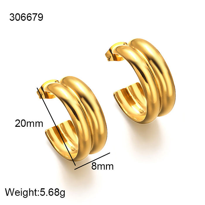 18K gold pvd C-shaped double-layer thin circular tube versatile design ear studs