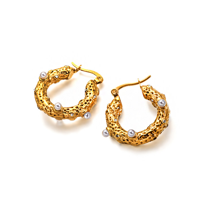 18K gold pvd 4mm diameter hollow circular tube with concave and convex texture inlaid with pearls, versatile design and ear buckle