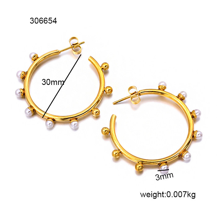 18K Gold PVD 3mm Perlen kreisförmiges geometrisches Muster C-förmige Anordnung mit Perlen eingelegt, einfache und vielseitige Ohrschnalle