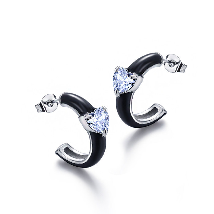 C-shaped black drop oil inlaid 6.5mm heart-shaped zircon versatile design earrings