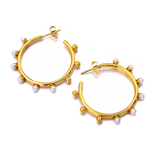 18K gold pvd 3mm pearl circular geometric pattern C-shaped arrangement inlaid with pearls, simple and versatile ear buckle