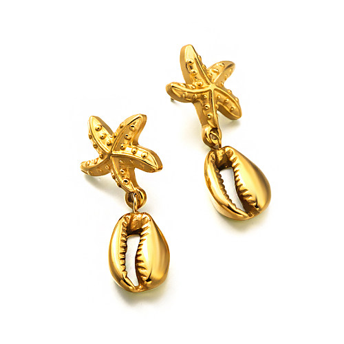 18K gold pvd stereoscopic starfish with concave and convex texture, conch shells, ocean style, holiday style, versatile design, and ear studs