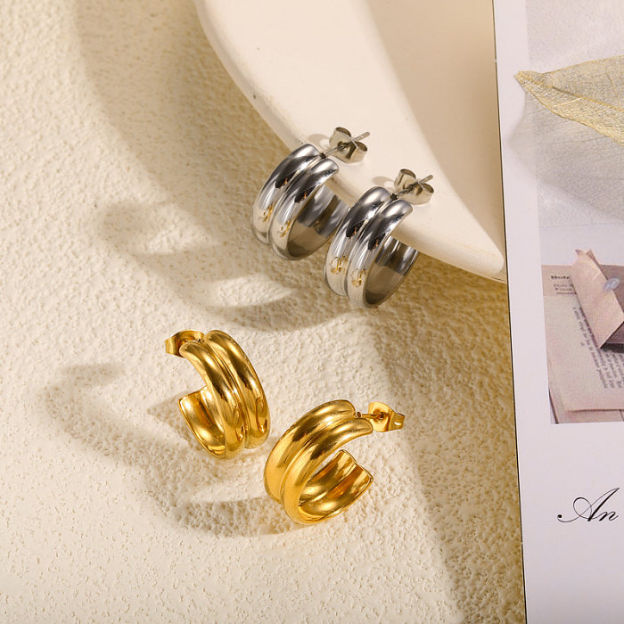 18K gold pvd C-shaped double-layer thin circular tube versatile design ear studs