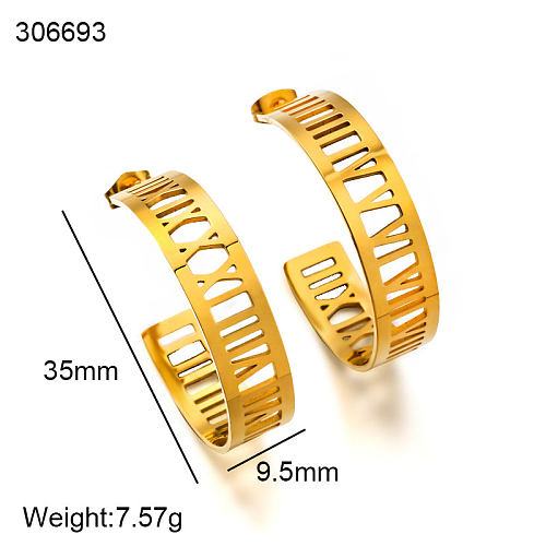 18K gold pvd 9.5mm diameter C-shaped Roman numeral hollow out versatile design earrings