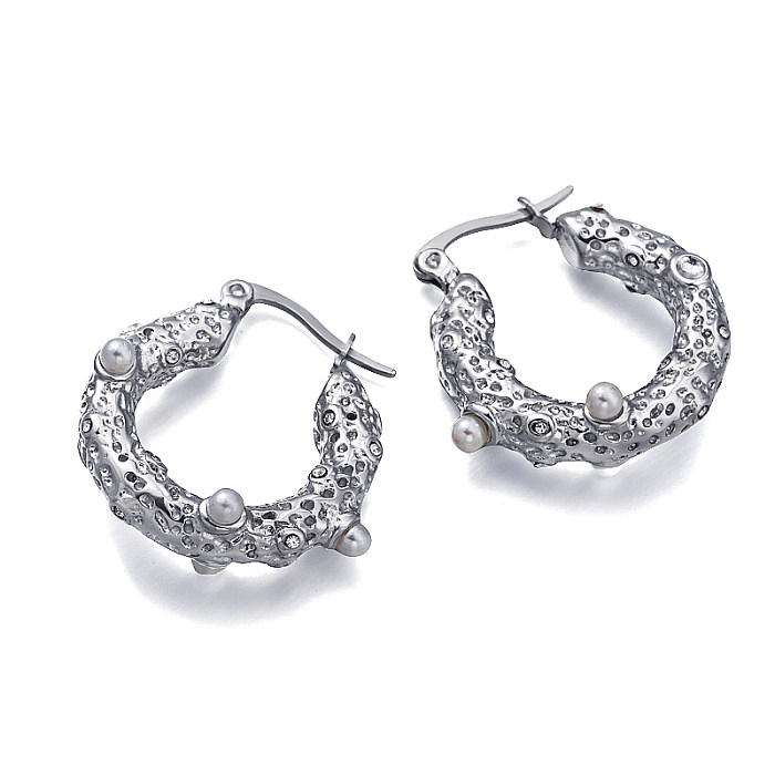 18K gold pvd 4mm diameter hollow circular tube with concave and convex texture inlaid with pearls, versatile design and ear buckle