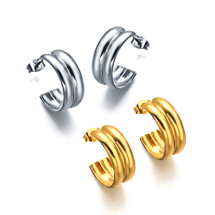 18K gold pvd C-shaped double-layer thin circular tube versatile design ear studs