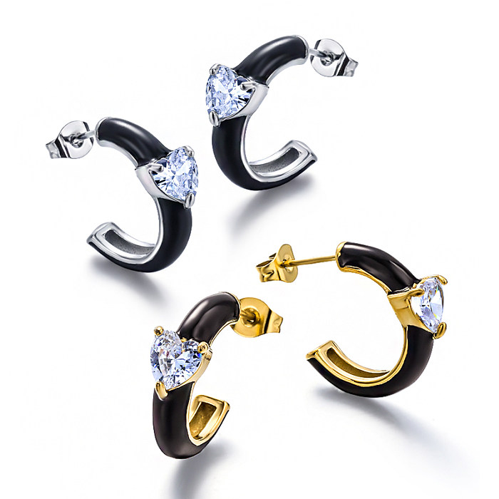 C-shaped black drop oil inlaid 6.5mm heart-shaped zircon versatile design earrings