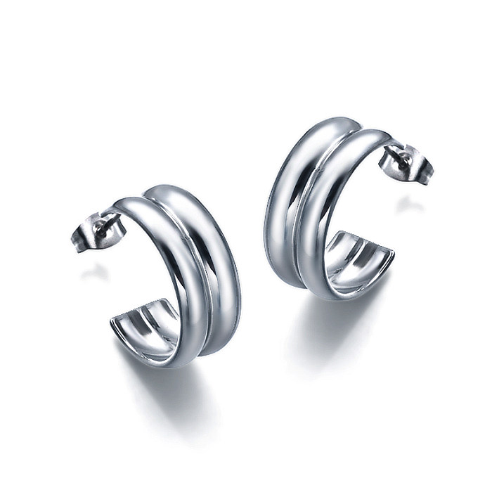 18K gold pvd C-shaped double-layer thin circular tube versatile design ear studs