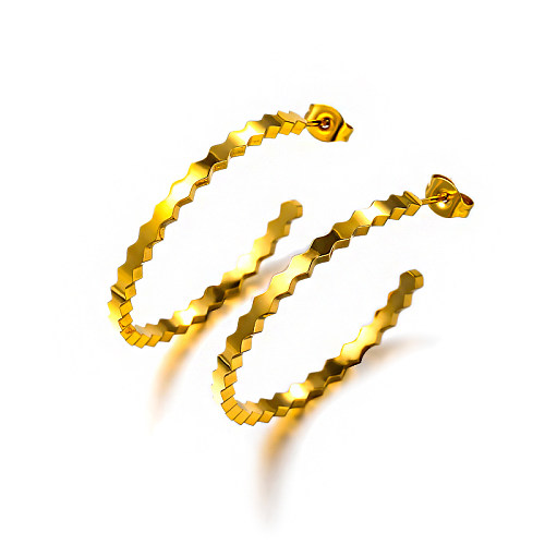 18K gold pvd honeycomb pattern C-shaped minimalist and versatile earrings