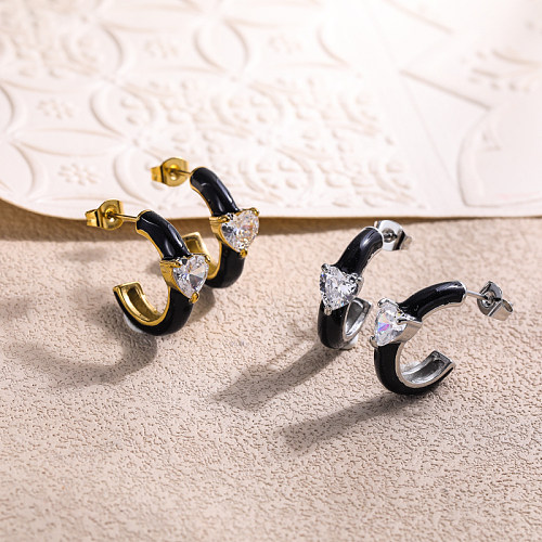 C-shaped black drop oil inlaid 6.5mm heart-shaped zircon versatile design earrings