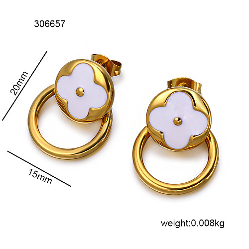 18K gold pvd Circular geometric pattern four leaf clover welded circular ring personalized design earrings