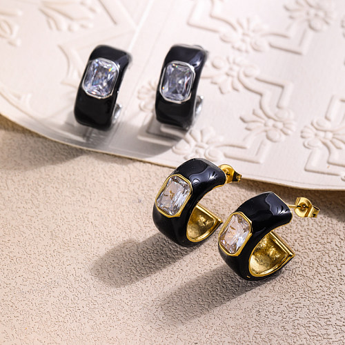 C-shaped 10mm wire diameter black drop oil inlaid zircon versatile design earrings