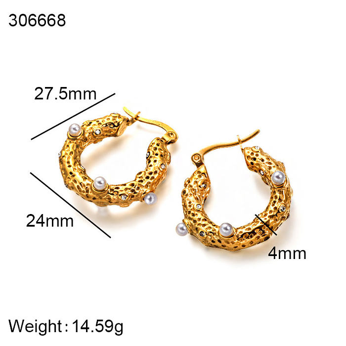 18K gold pvd 4mm diameter hollow circular tube with concave and convex texture inlaid with pearls, versatile design and ear buckle