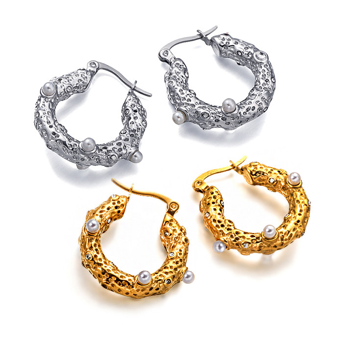 18K gold pvd 4mm diameter hollow circular tube with concave and convex texture inlaid with pearls, versatile design and ear buckle