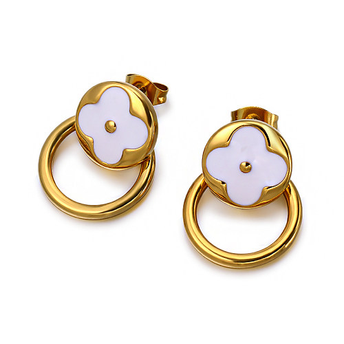 18K gold pvd Circular geometric pattern four leaf clover welded circular ring personalized design earrings