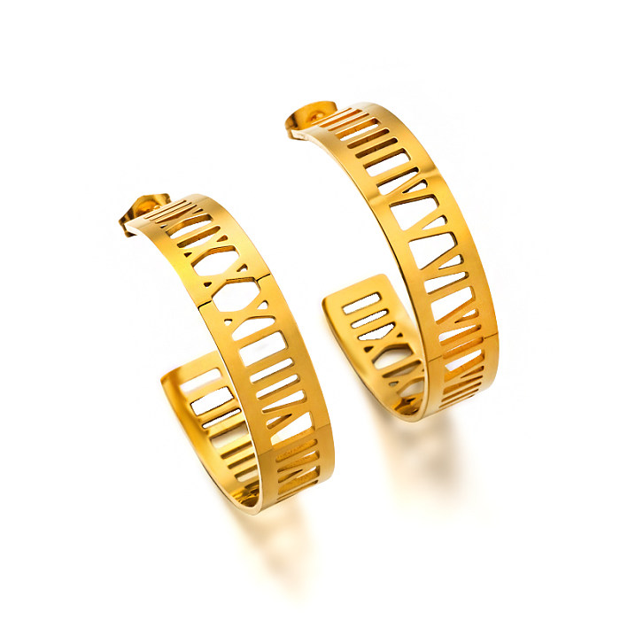 Boucles d'oreilles en or 18 carats pvd de 9.5mm de diamètre en forme de C avec chiffres romains ajourés, design polyvalent