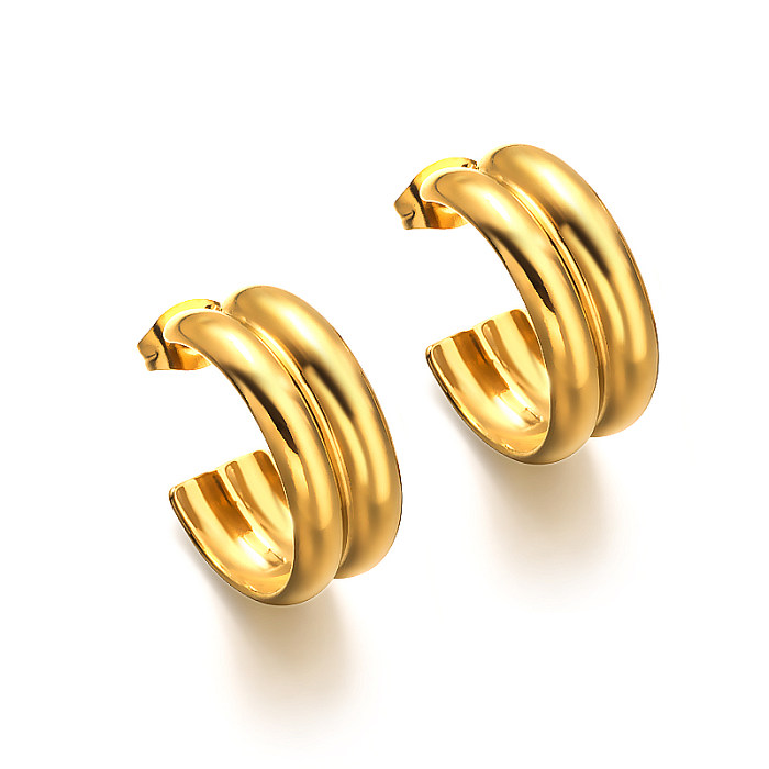 18K gold pvd C-shaped double-layer thin circular tube versatile design ear studs