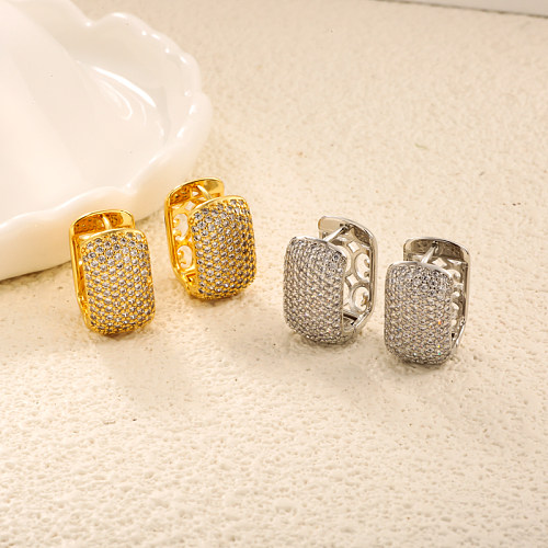 Brass inlaid zircon rectangular hollow texture ear buckle