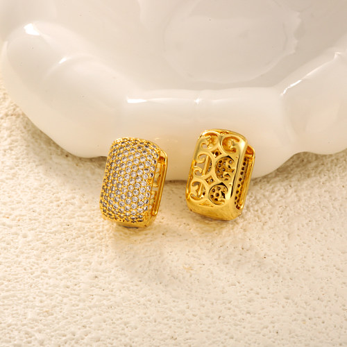 Brass inlaid zircon rectangular hollow texture ear buckle