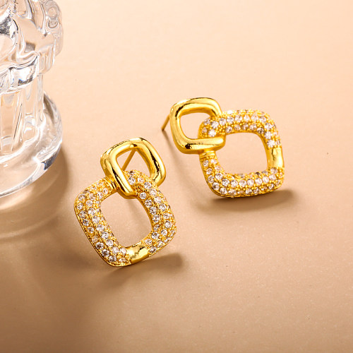 Brass square geometric pattern inlaid with zircon earrings