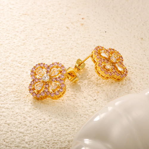 Brass clover geometric pattern inlaid with zircon earrings