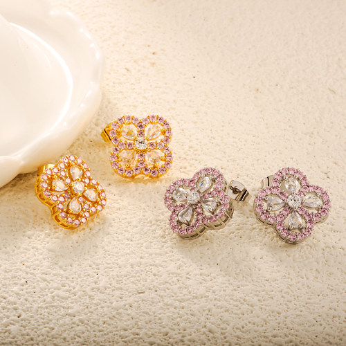 Brass clover geometric pattern inlaid with zircon earrings